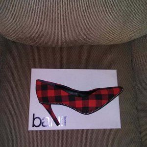 RED and BLACK checkered HEELS silver beaded trim around the shoes